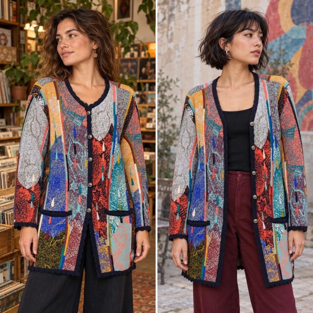 Geccu 3D Knit Cardigan Women's S Multicolor Pure Merino Wool Australia Pockets